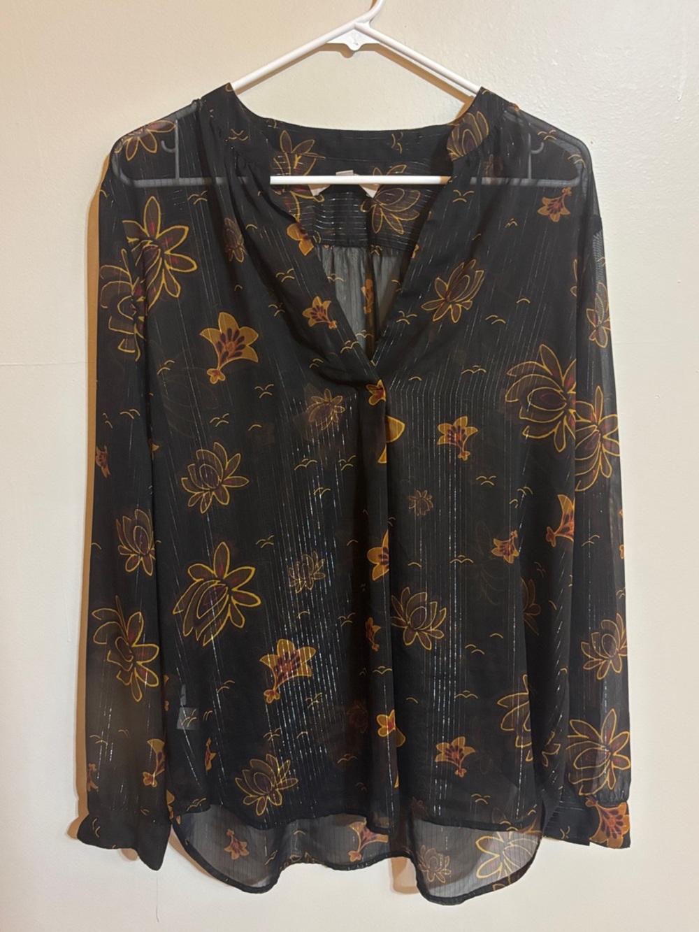 LOFT Black Sheer Blouse with Yellow Floral Print and metallic thread size large